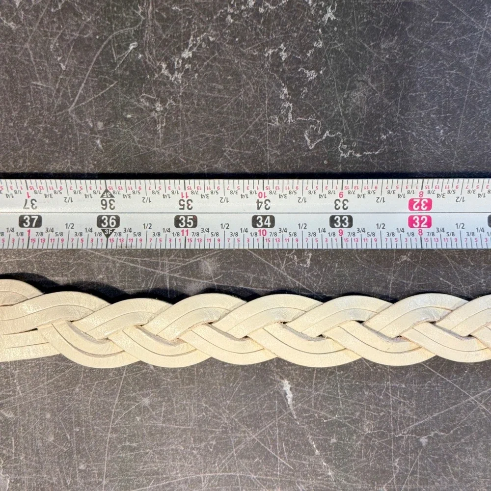 Women American Eagle Belt | Size 34 (10-12) | Cream Braided Leather Brass Buckle